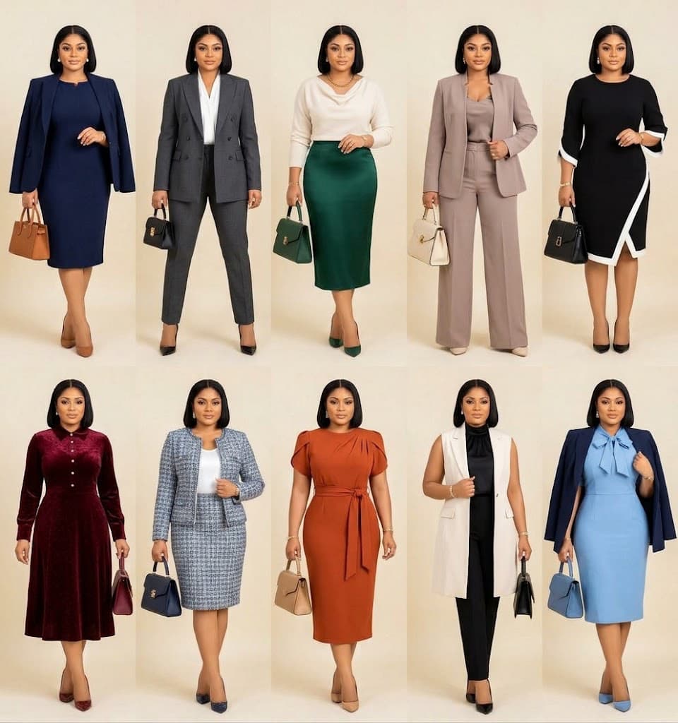 Stylish women's interview outfits with elegant dresses, skirts, and business-casual looks.
