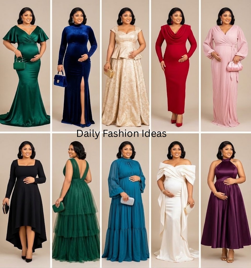 Stylish pregnancy photoshoot gowns in different colours and designs.