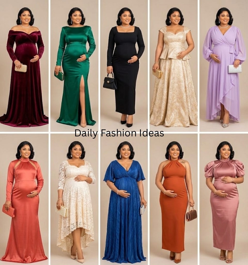 Maternity photoshoot outfit ideas featuring elegant gowns for expecting mothers.